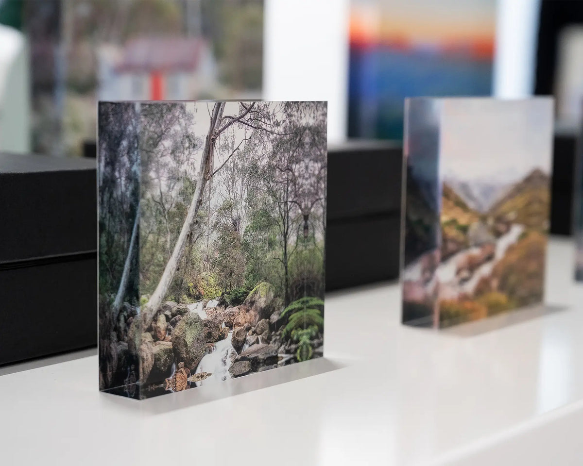 Mountain Flow. Acrylic block Mount Buffalo National Park, Victoria, displayed in gallery with alpine acrylic blocks.
