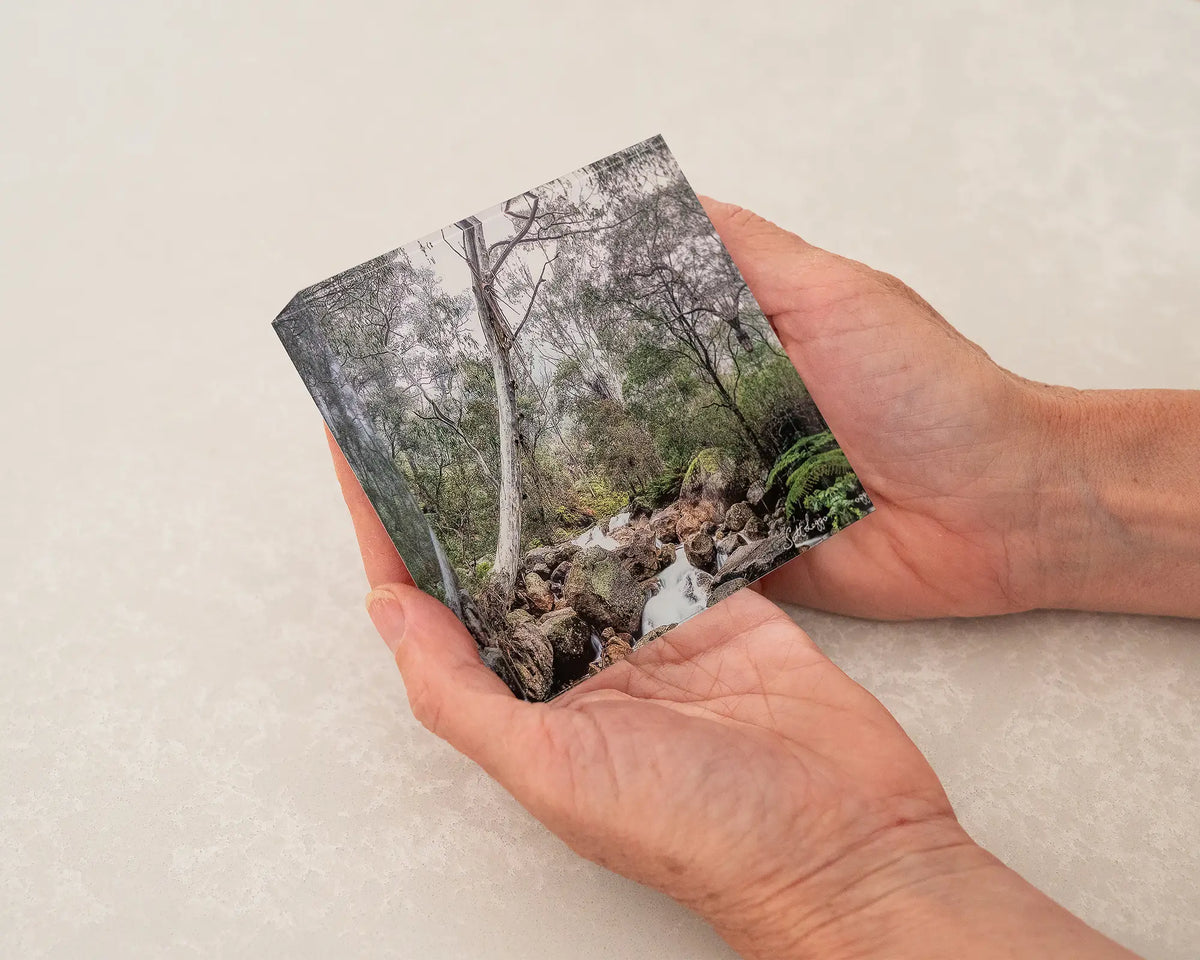 Mountain Flow. Acrylic block Mount Buffalo National Park Victoria, held in hands.