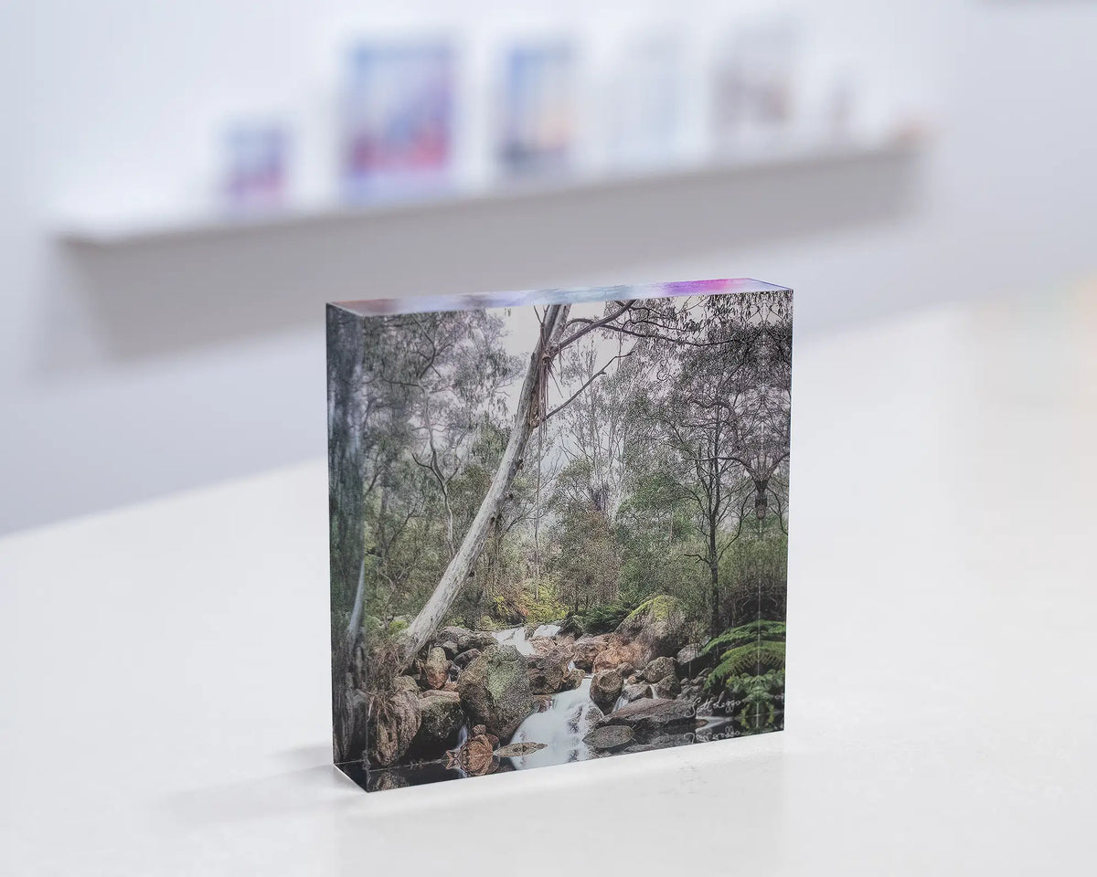 Mountain Flow. Acrylic block Mount Buffalo National Park, Victoria, on gallery desk with acrylic block display shelf behind.