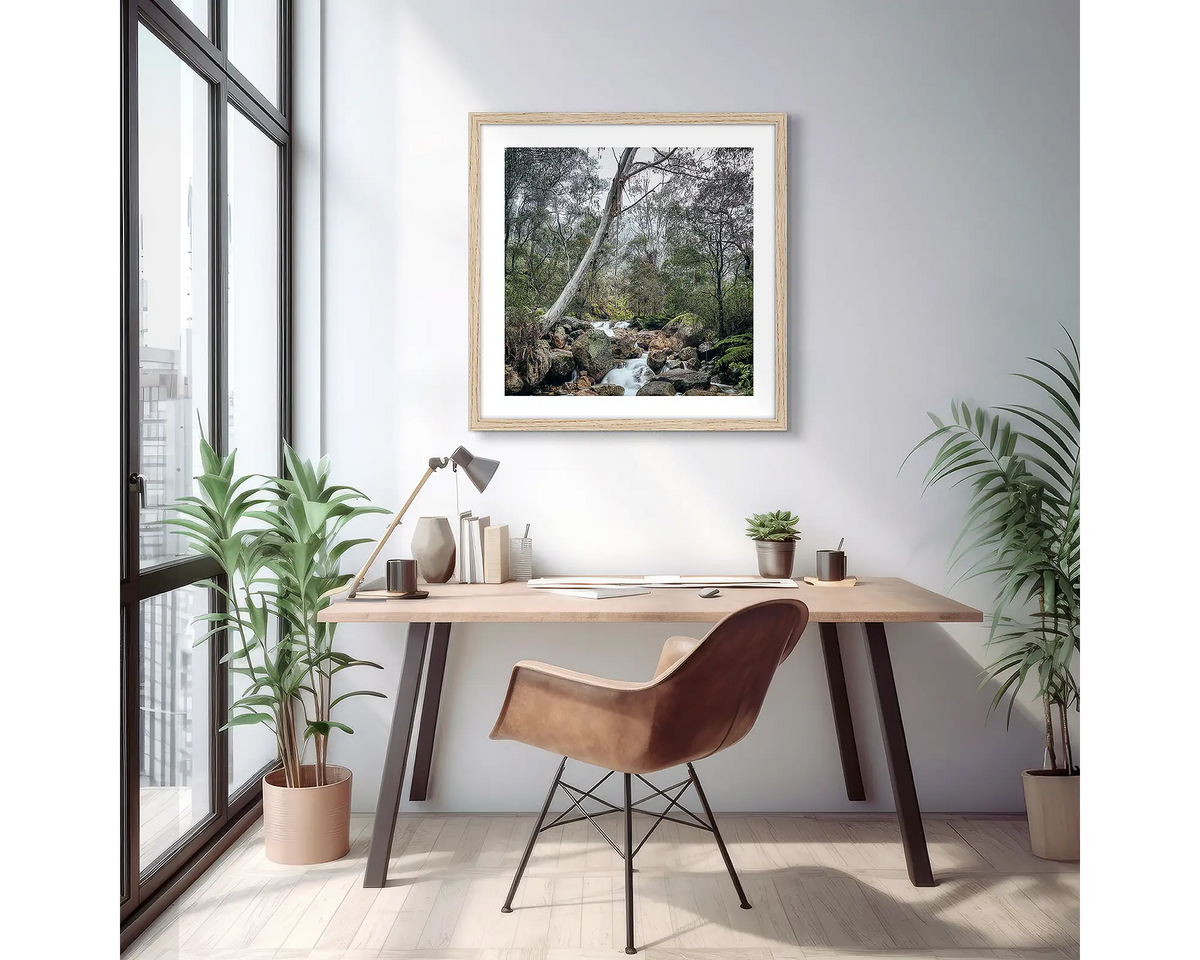 Mountain Flow. Mount Buffalo photographic wall art print with a timber frame, hung above a small desk. 