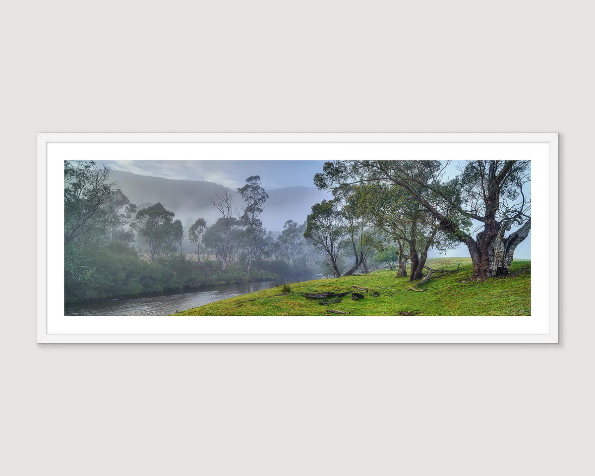 Framed landscape photograph of the Murray River in fog.