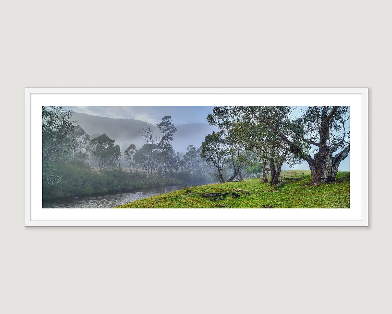 Framed landscape photograph of the Murray River in fog.