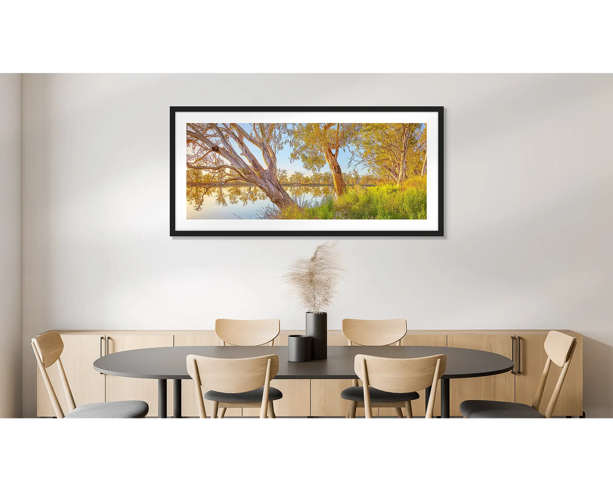 Murray Sunrise. Photographic wall art print of the Murray River at sunrise, framed in a black frame and hung on a dining room wall. 