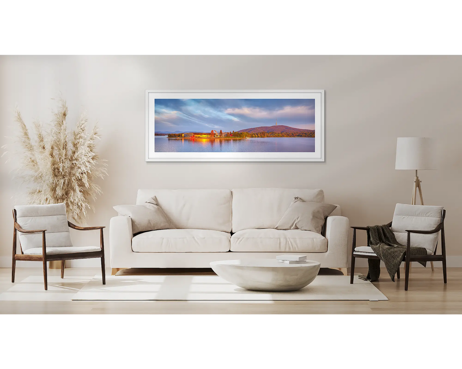 Framed photograph of the National Museum of Australia on the lake with Black Mountain and Telstra Tower.