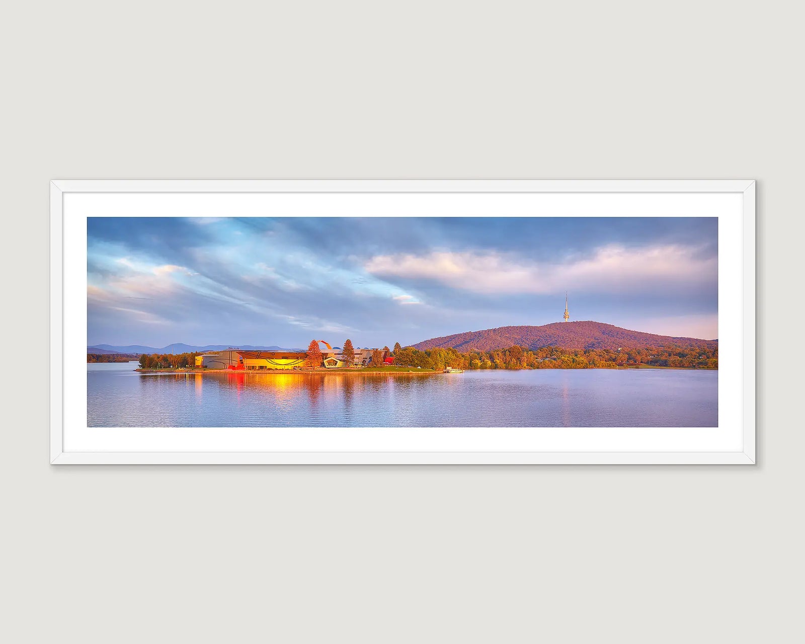 Framed photograph of the National Museum of Australia on the lake with Black Mountain and Telstra Tower.