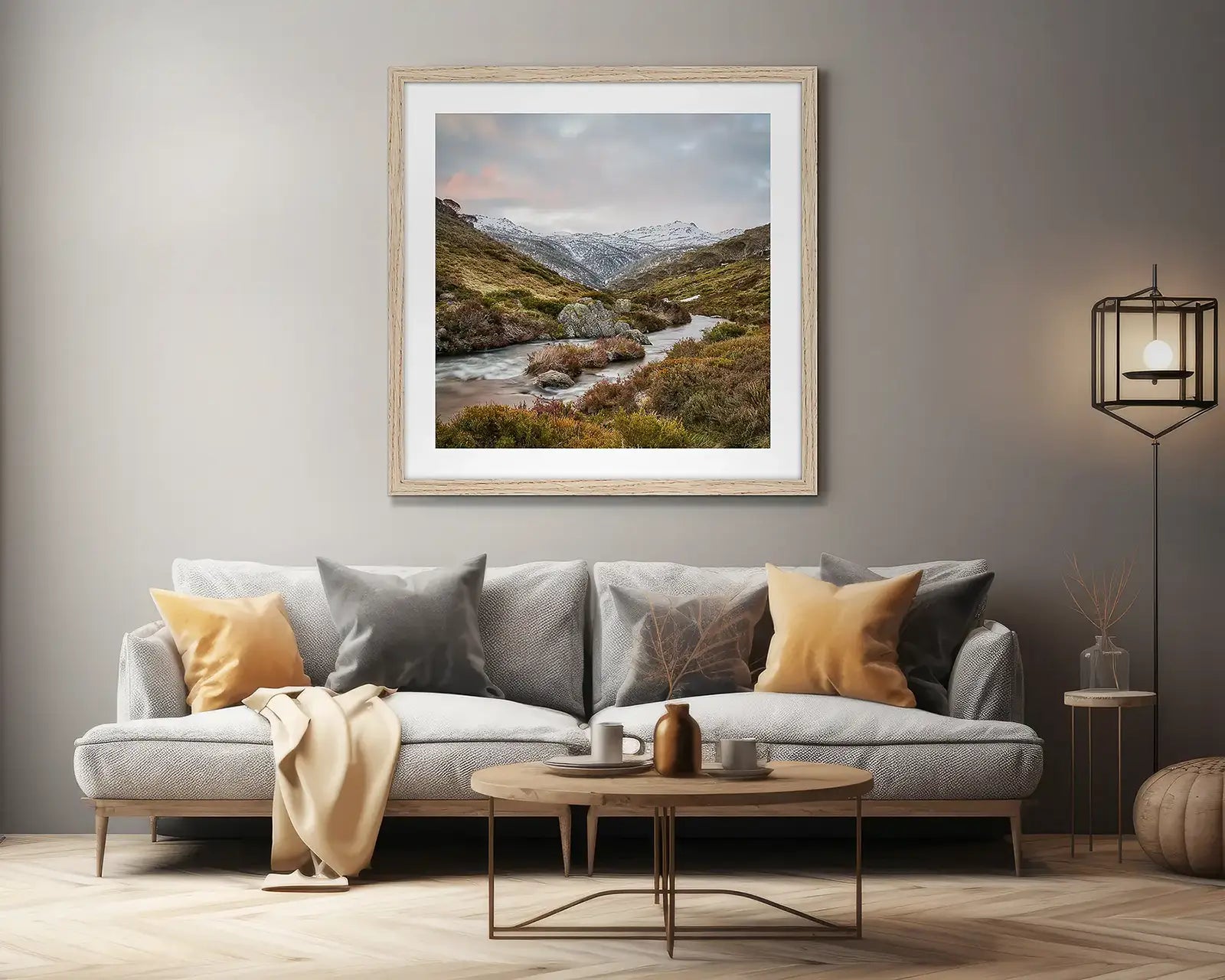 Neutral extra large artwork on lounge room wall.