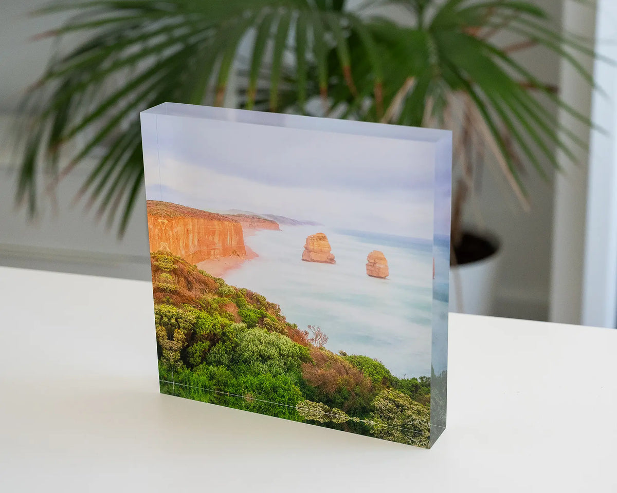 Ocean Blur. Acrylic block Great Ocean Road, Victoria, styled in a coastal home.