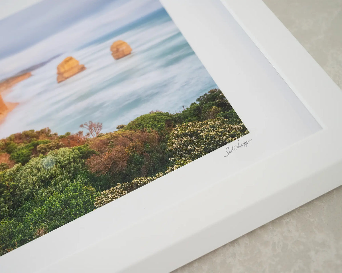 Ocean Blur. Gog and Magog, Great Ocean Road Victoria, with white frame, laying flat on table showing corner details.