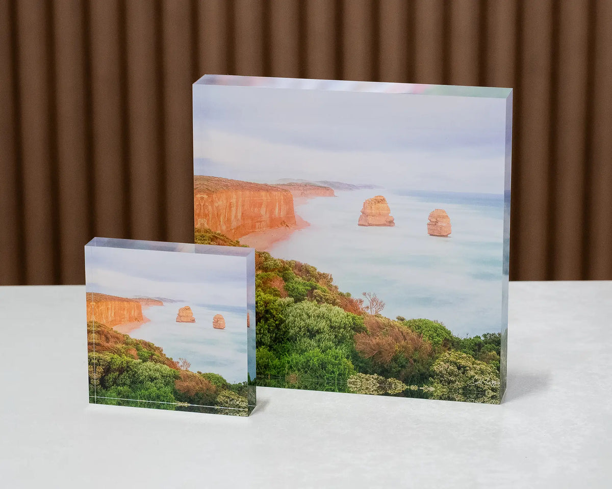 Ocean Blur. Great Ocean Road, Victoria, 10cm and 19cm acrylic blocks on desk together.