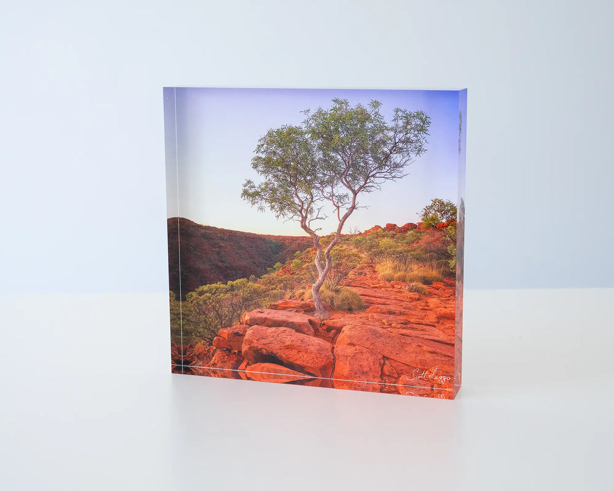 On The Edge. Acrylic block Kings Canyon Watarrka National Park, Northern Territory, sitting on a desk.