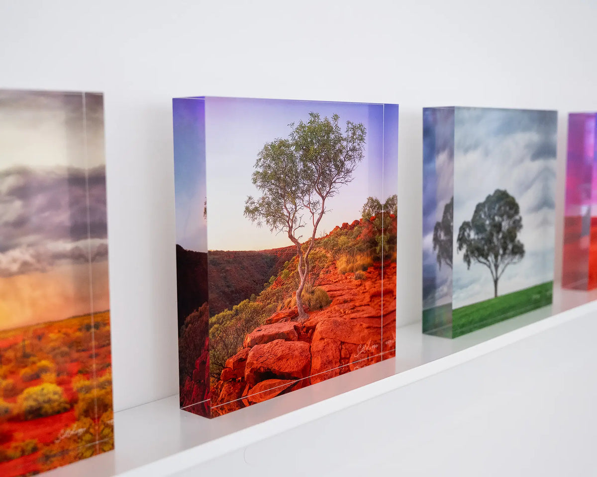 On The Edge. Acrylic block Kings Canyon Watarrka National Park, Northern Territory, on display shelf with outback acrylic blocks.