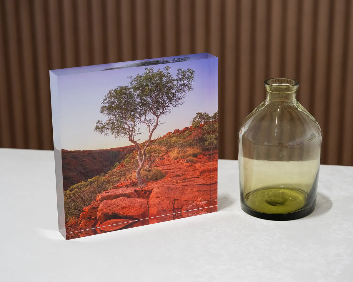 On The Edge. Acrylic block Kings Canyon, Watarrka National Park, on desk styled with small vase.
