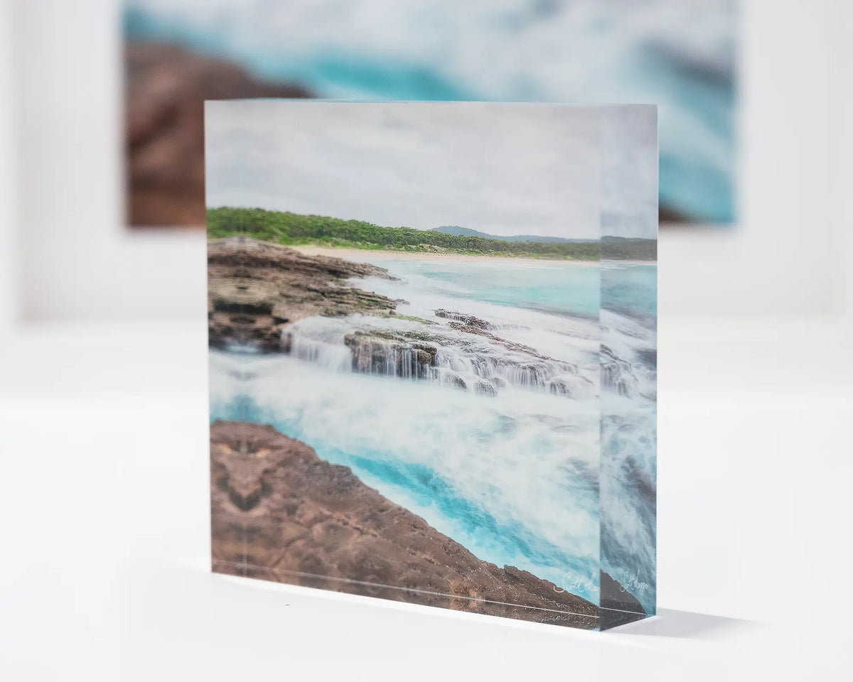 On The Rocks. Acrylic block South Durras Beach, Eurobodalla, on display in gallery.