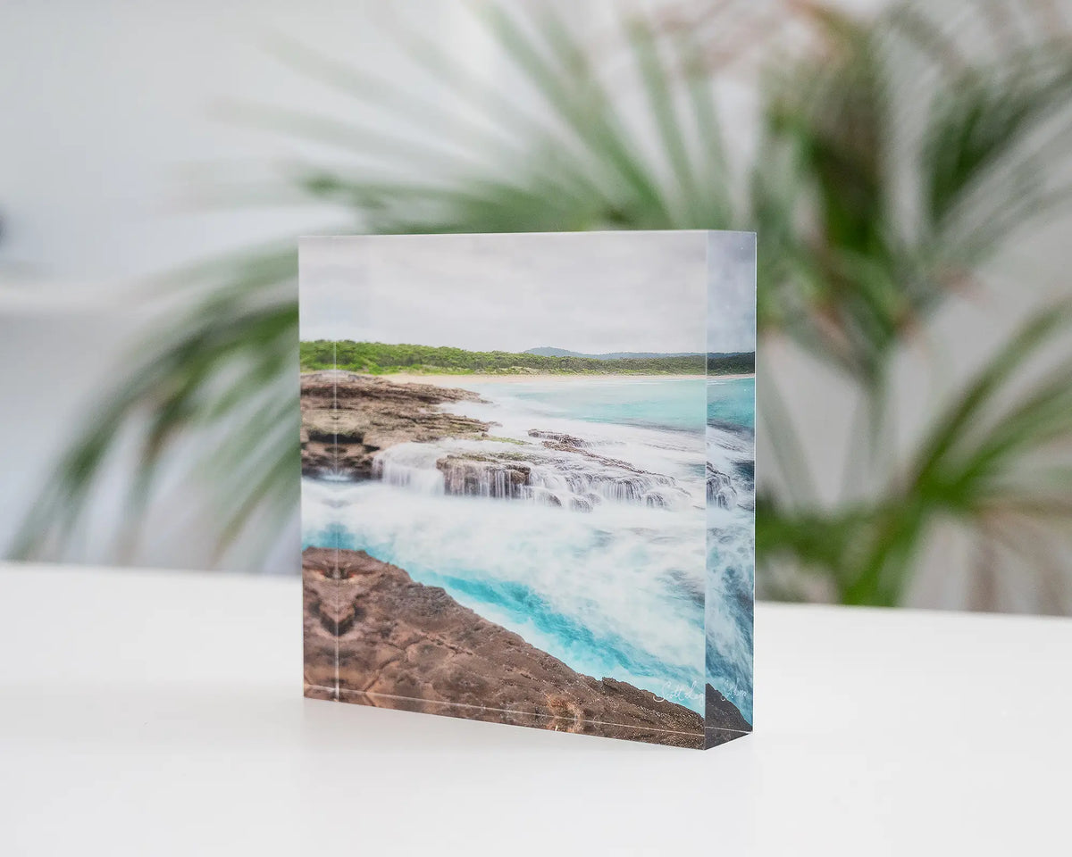 On The Rocks. Acrylic block South Durras beach, on a desk in a coastal home. 