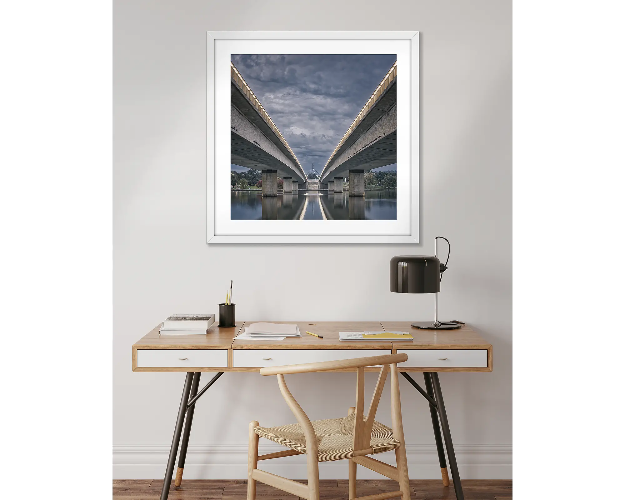 One Direction. Framed Canberra wall art above a desk. 