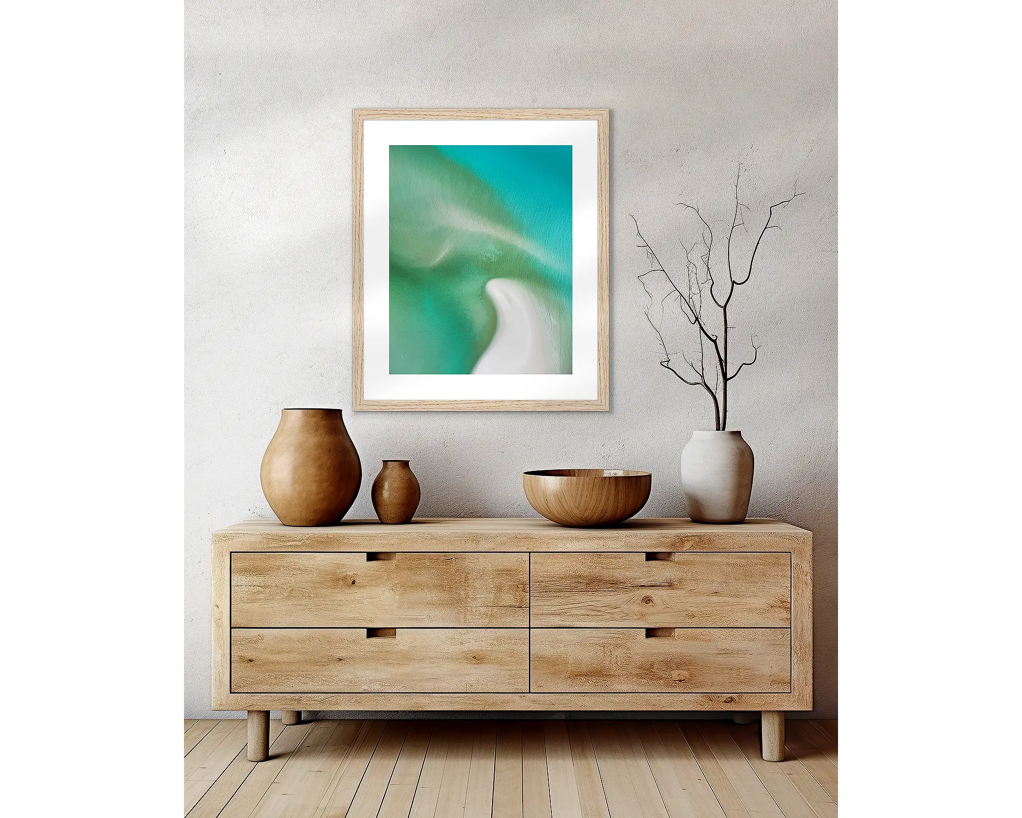 Opal Waters. Framed coastal wall art hanging above a side table.