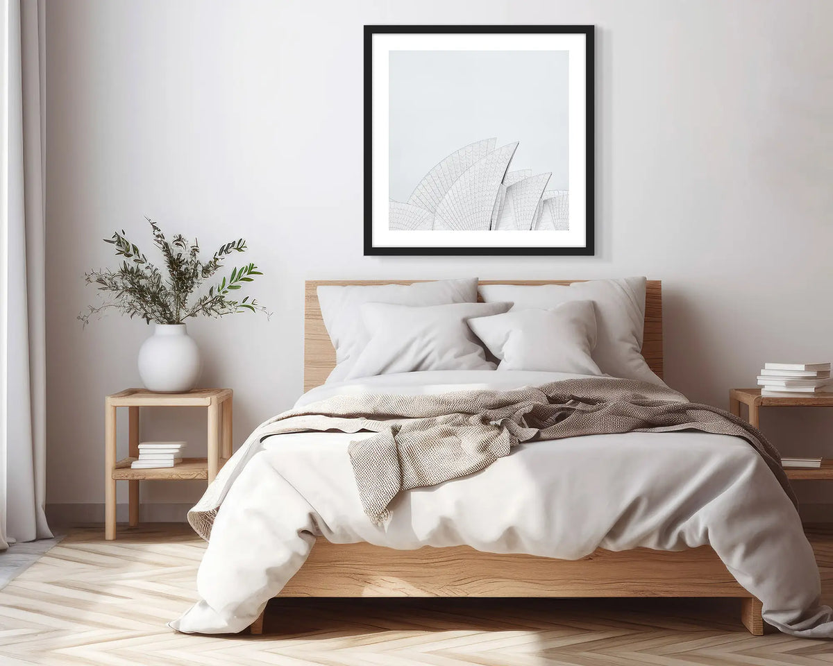 Opera House Curves. Black framed, Sydney Opera House wall art print, in a scandi-themed bedroom.