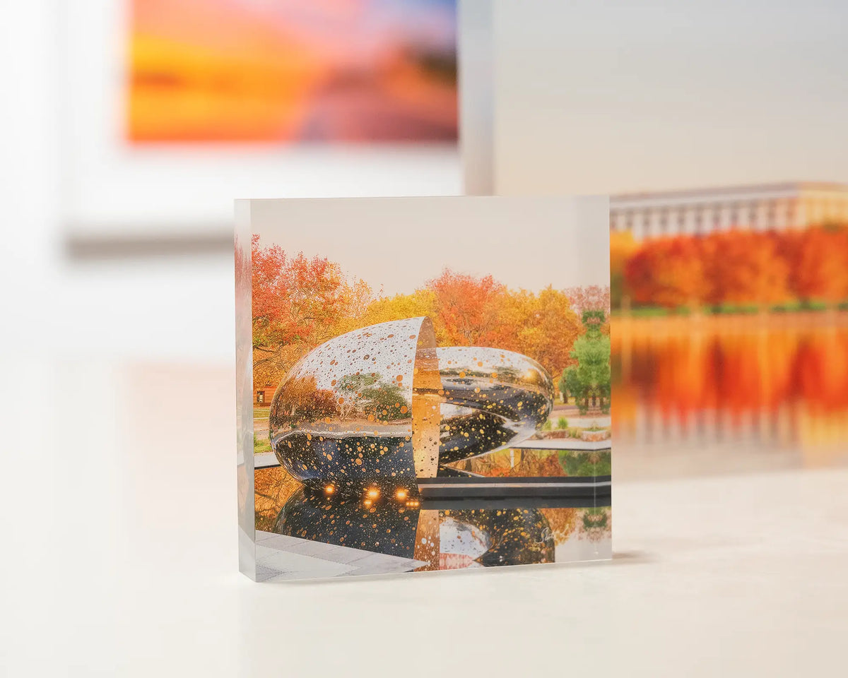 Orange Cocoon. Acrylic block of Ouroboros sculpture National Gallery of Australia, in Autumn.