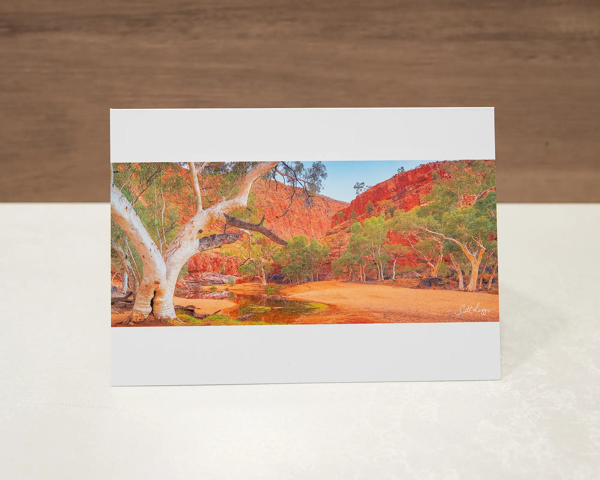 Ormiston Sanctuary greeting card of sunrise at Ormiston Gorge, sitting on desk. 