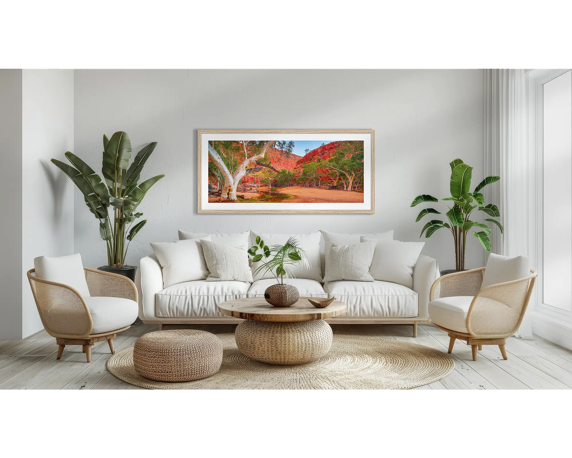 Ormiston Sanctuary. Outback wall art print, with a timber frame, above a couch. 