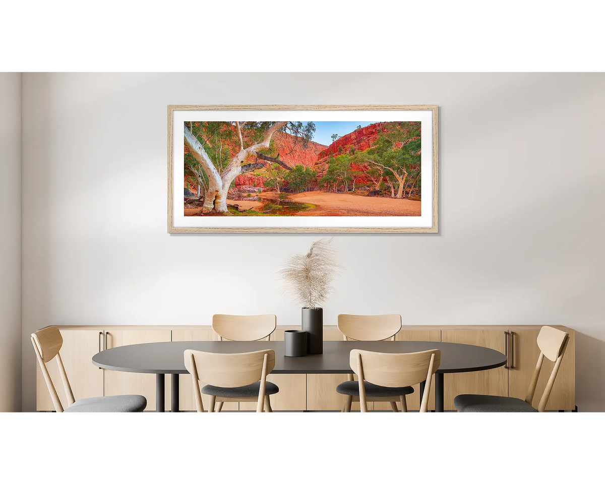 Ormiston Sanctuary. Photographic wall art print of a ghost gum at Ormiston Gorge, with a timber frame, hung on a dining room wall. 