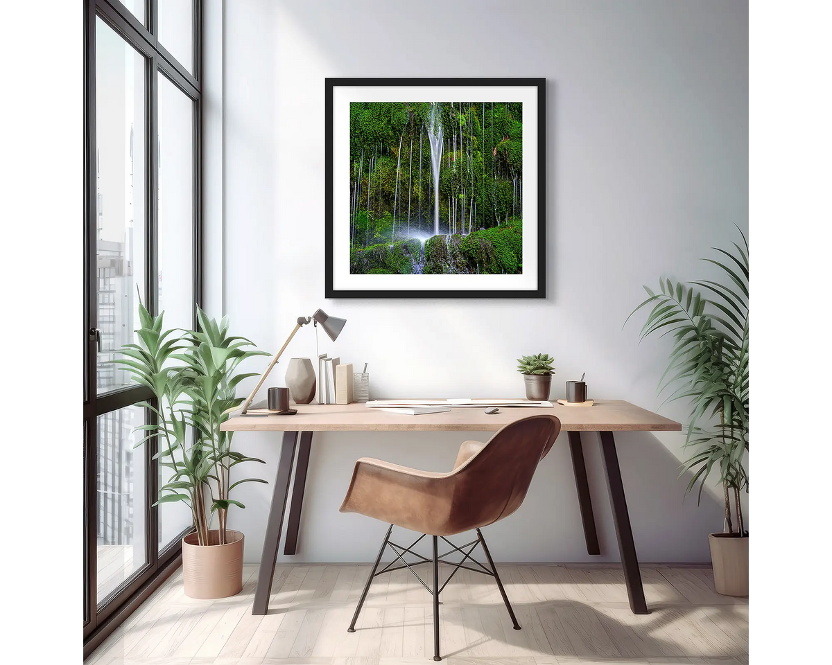 Otway Flow. Wall art print of Erskine Falls, Lorne, with a black frame in a light filled apartment.