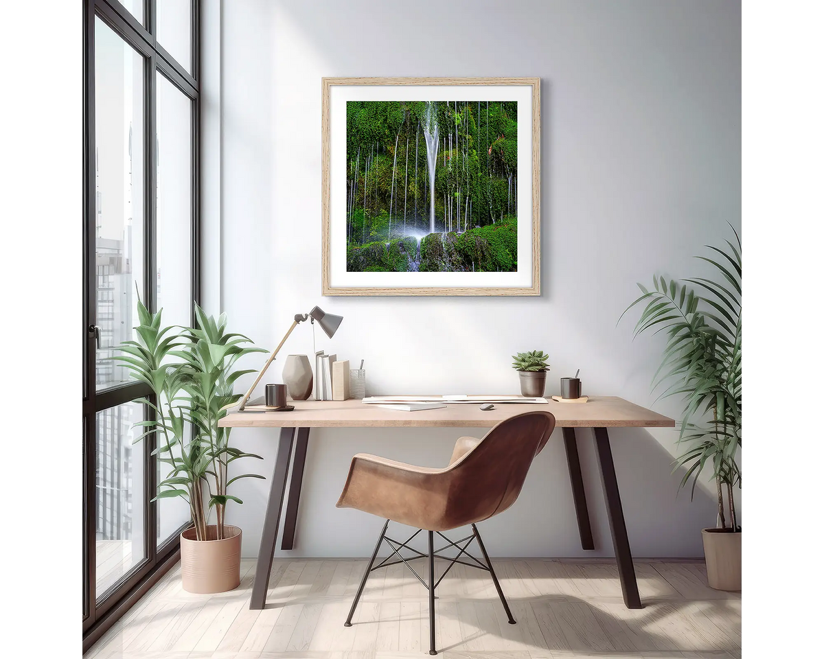 Otway Flow. Wall art print of Erskine Falls, Lorne, with a timber frame in a light filled apartment.