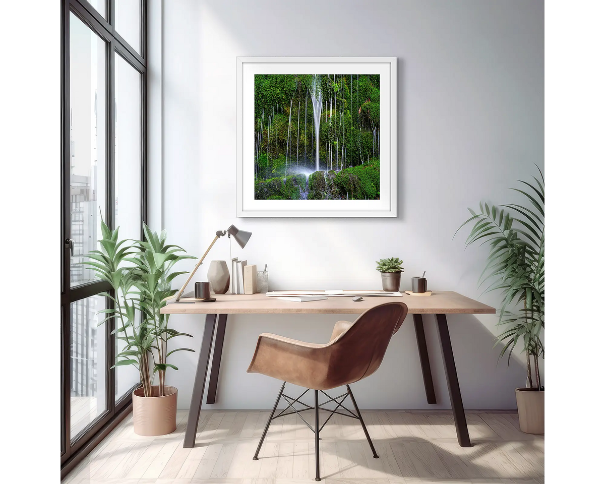 Otway Flow. Wall art print of Erskine Falls, Lorne, with a white frame in a light filled apartment. 