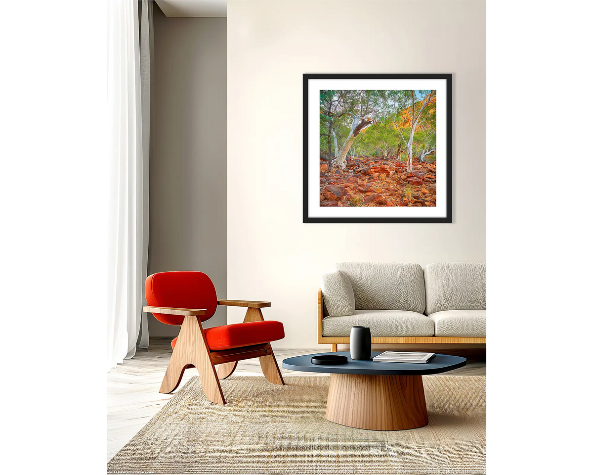 Outback Sanctuary. Kings Canyon, framed wall art print, with a black frame, on a lounge room wall. 