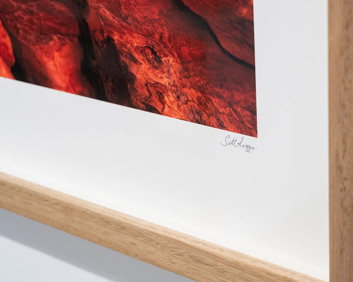 Outback Solitude. Sunset over Kings Canyon, corner close-up tasmanian oak framed print on gallery wall.