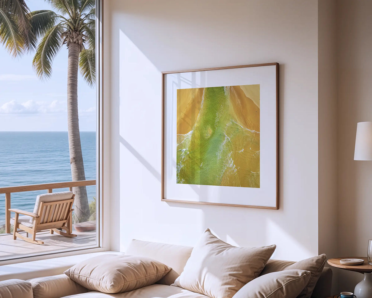 Outflow. Wall art print from Durras Beach on the NSW south coast, framed in a timber frame and hung on the wall of a coastal home.