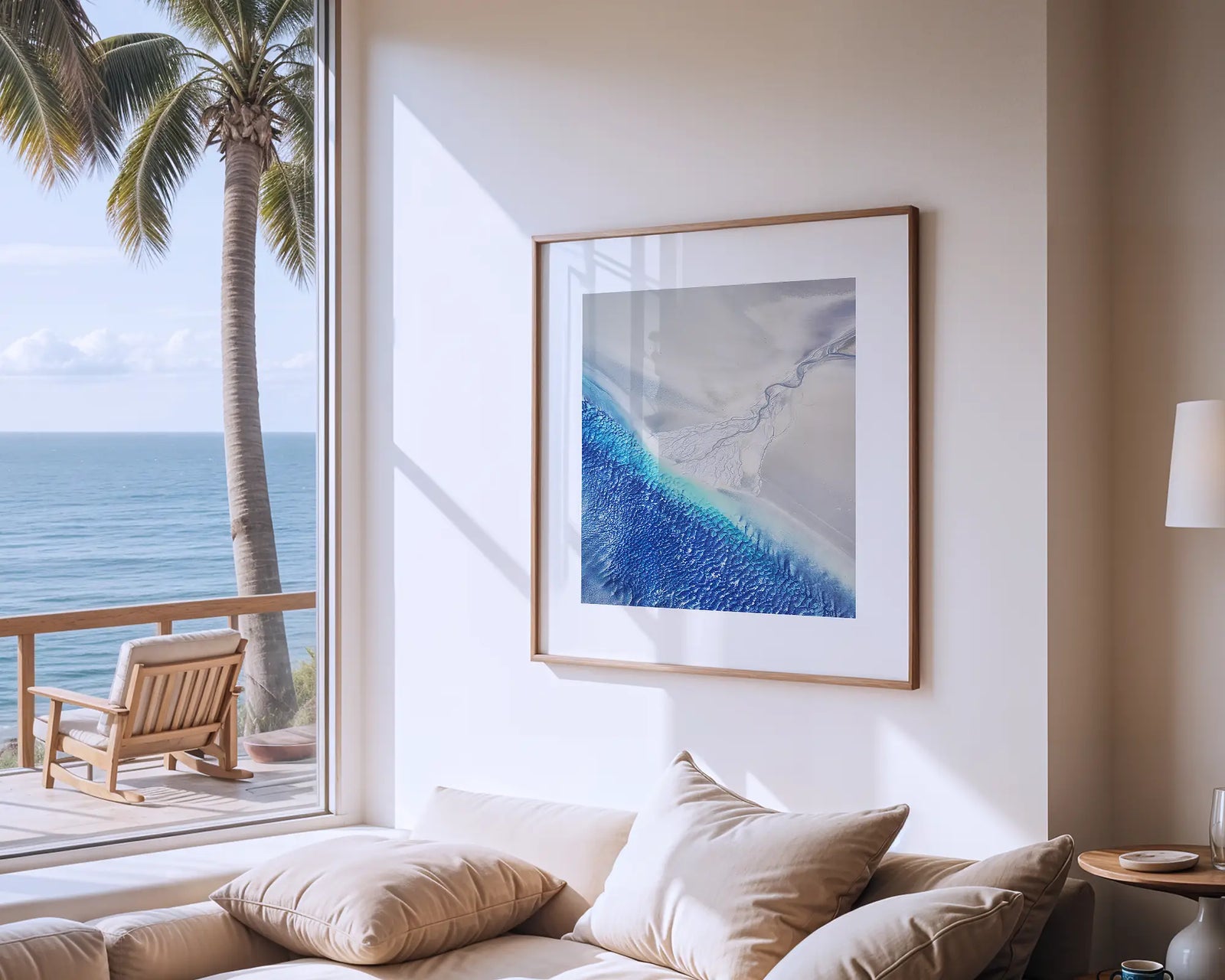 Framed abstract photograph of a beach with blues and white sand.