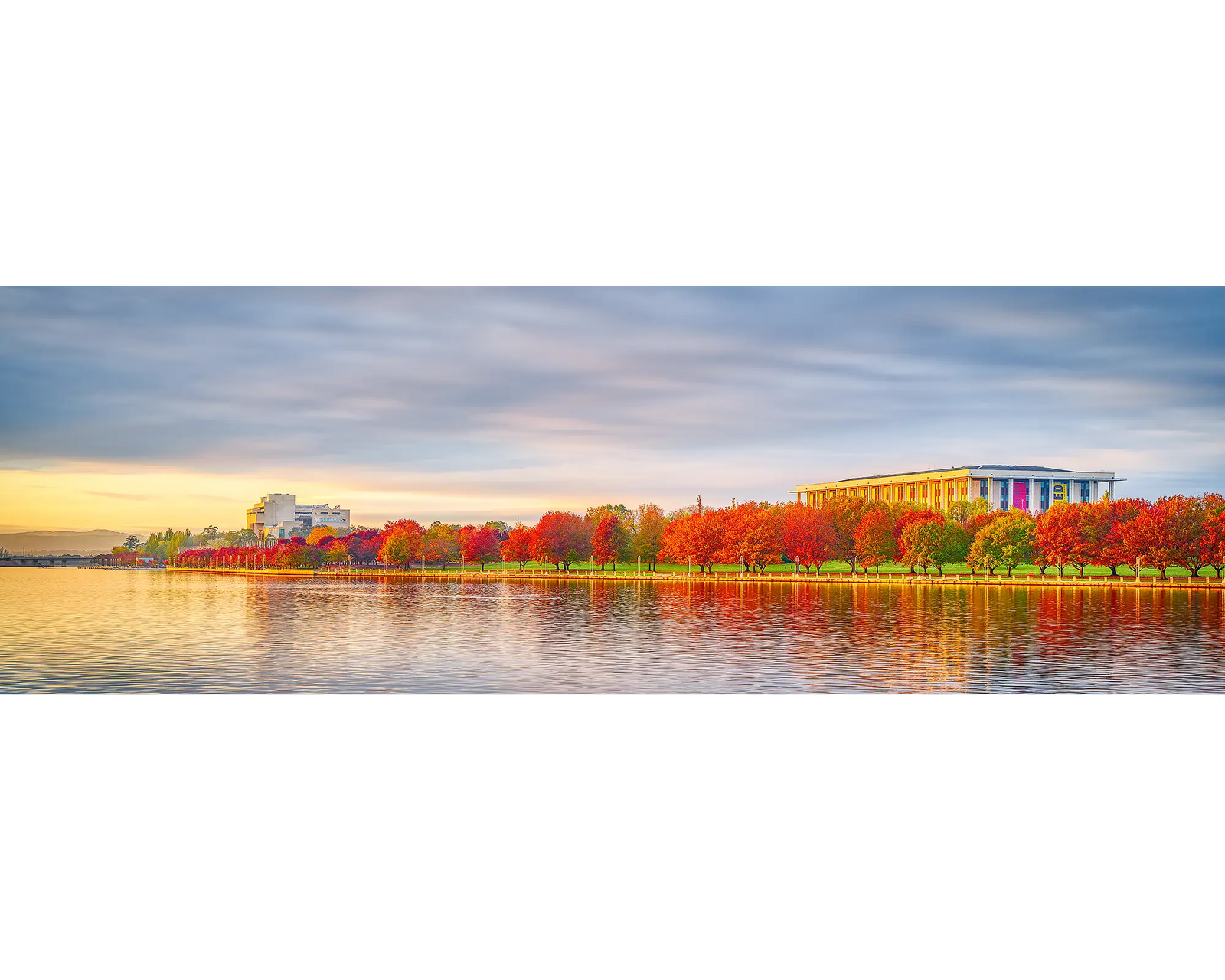 Outlook - sunrise with autumn colours, National Library and High Court, Lake Burley Griffin, Canberra.