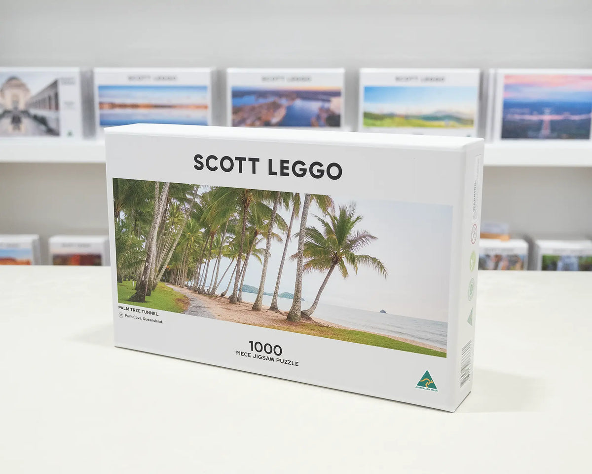 Palm Tree Tunnel. 1000 piece jigsaw puzzle of Palm Cove Queensland, on a desk in the gallery.