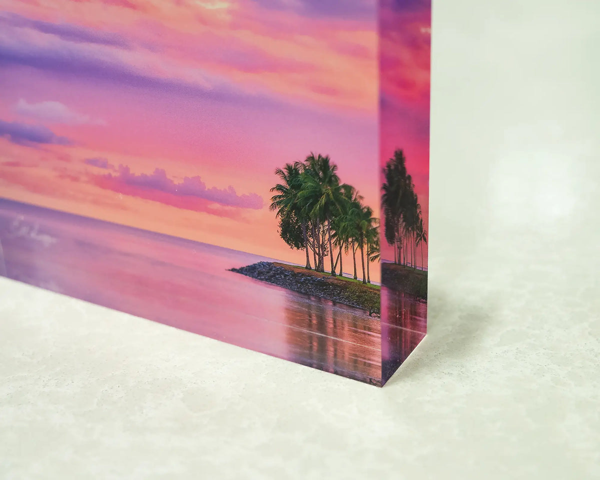 Paradise Palms. Acrylic block of Port Douglas Queensland, corner close-up showing details.