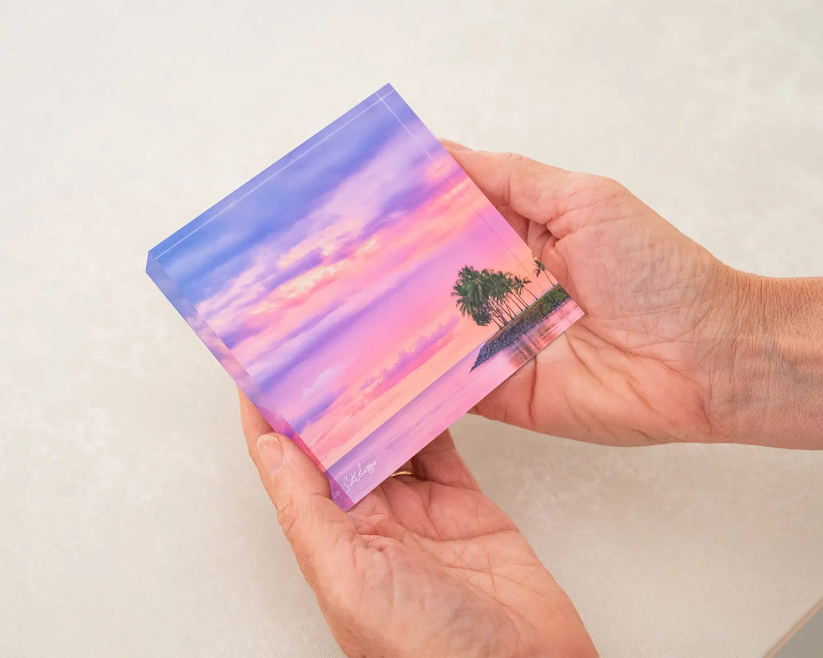 Paradise Palms. Acrylic block of Port Douglas Queensland, held in hands.