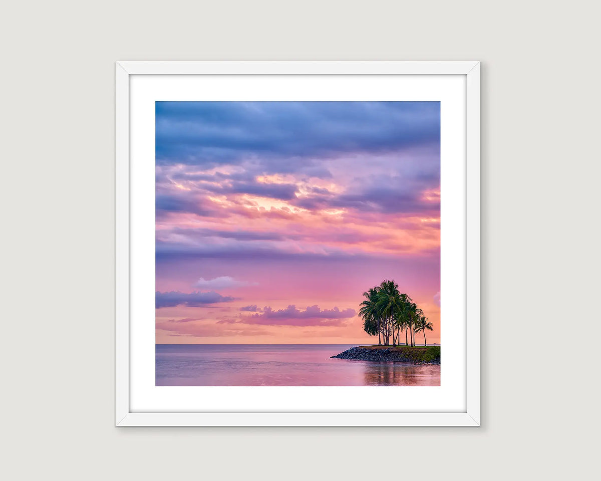 Framed photograph of palm trees and the ocean with a cloudy colourful sunset.