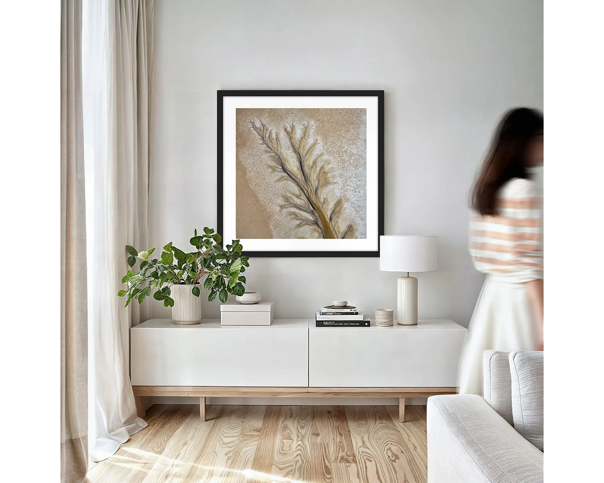 Passage. Abstract wall art print framed in black on a living room wall. 