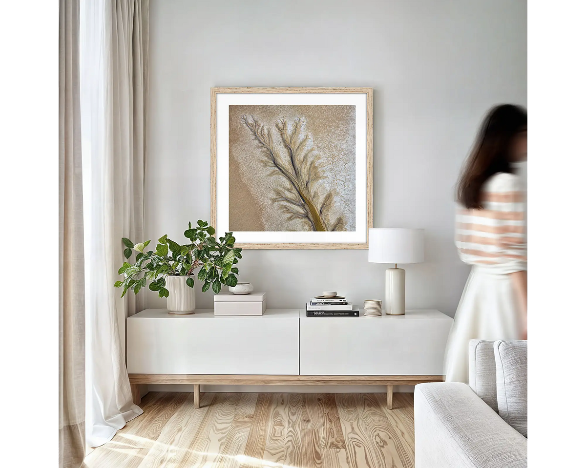 Passage. Abstract wall art print framed in timber on a living room wall. 