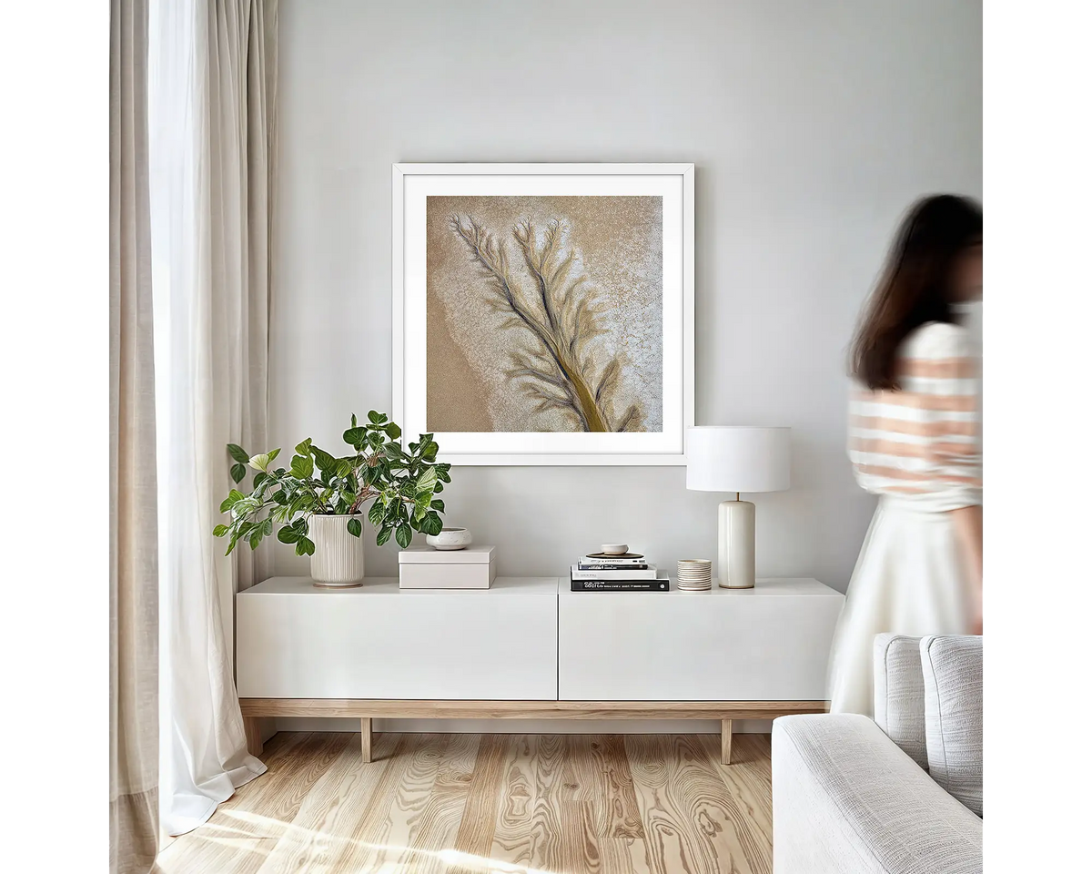 Passage. Abstract wall art print framed in white on a living room wall. 
