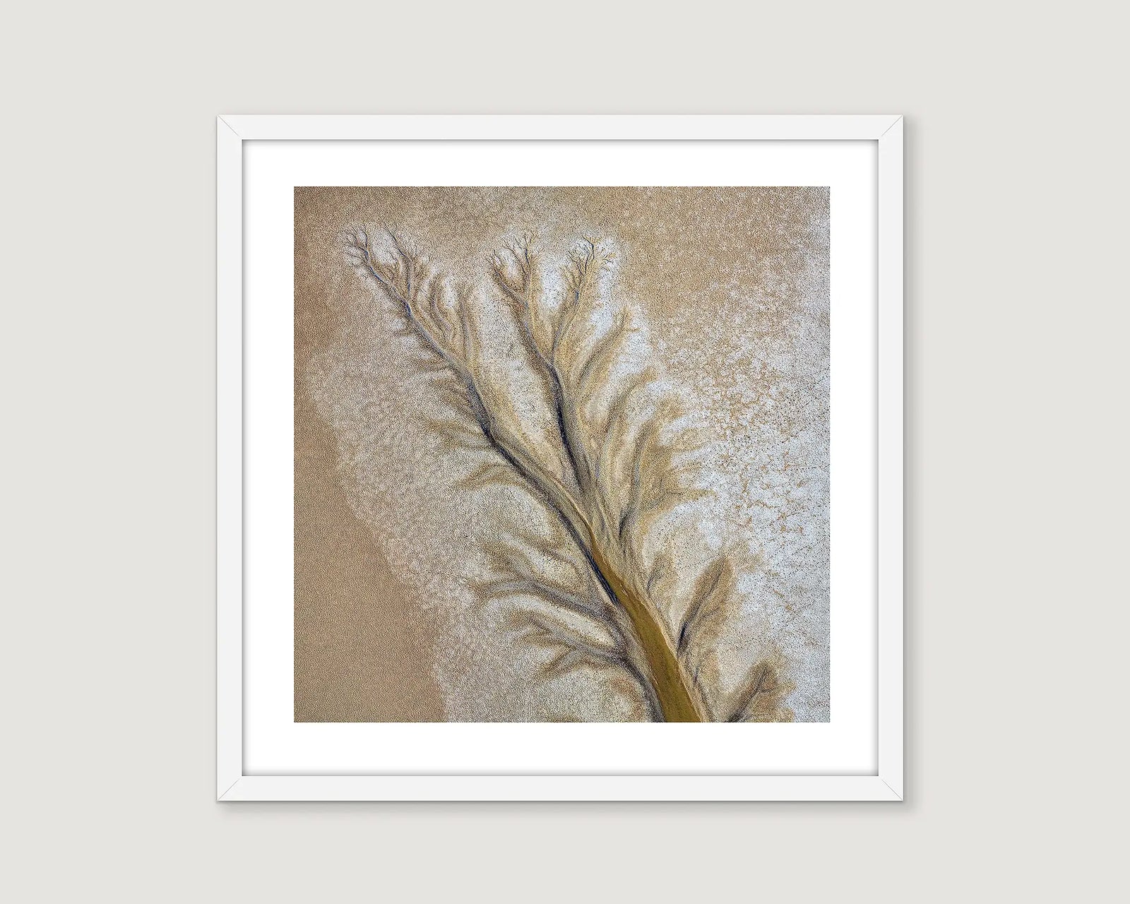 Framed abstract photograph in earthy brown tones and a tree pattern.