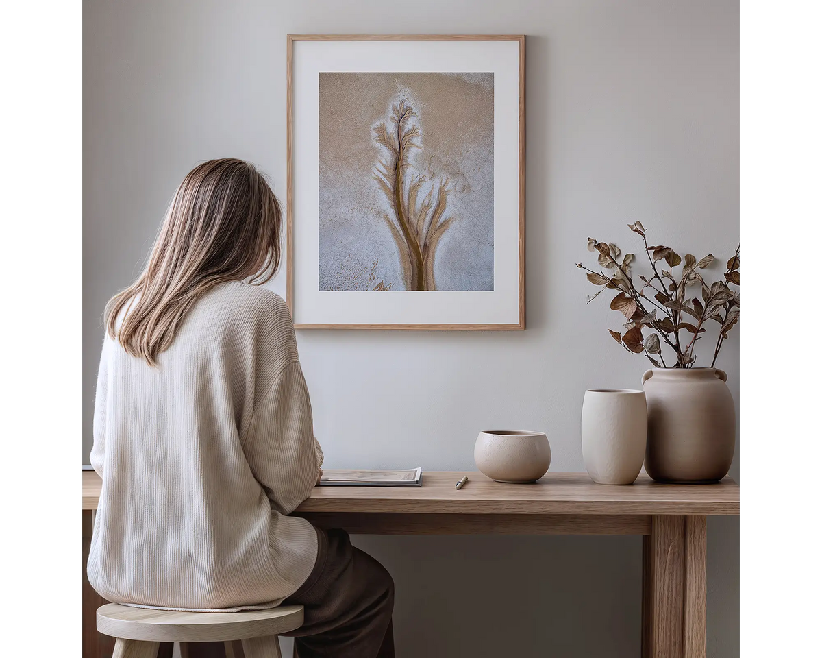 Path. Abstract Kimberley photography artwork with a timber frame, hung in a study nook. 