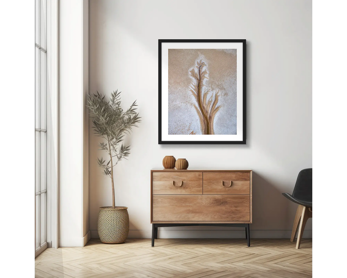Path. Abstract photographic wall art print with a black frame, hung in a scandi hallway. 