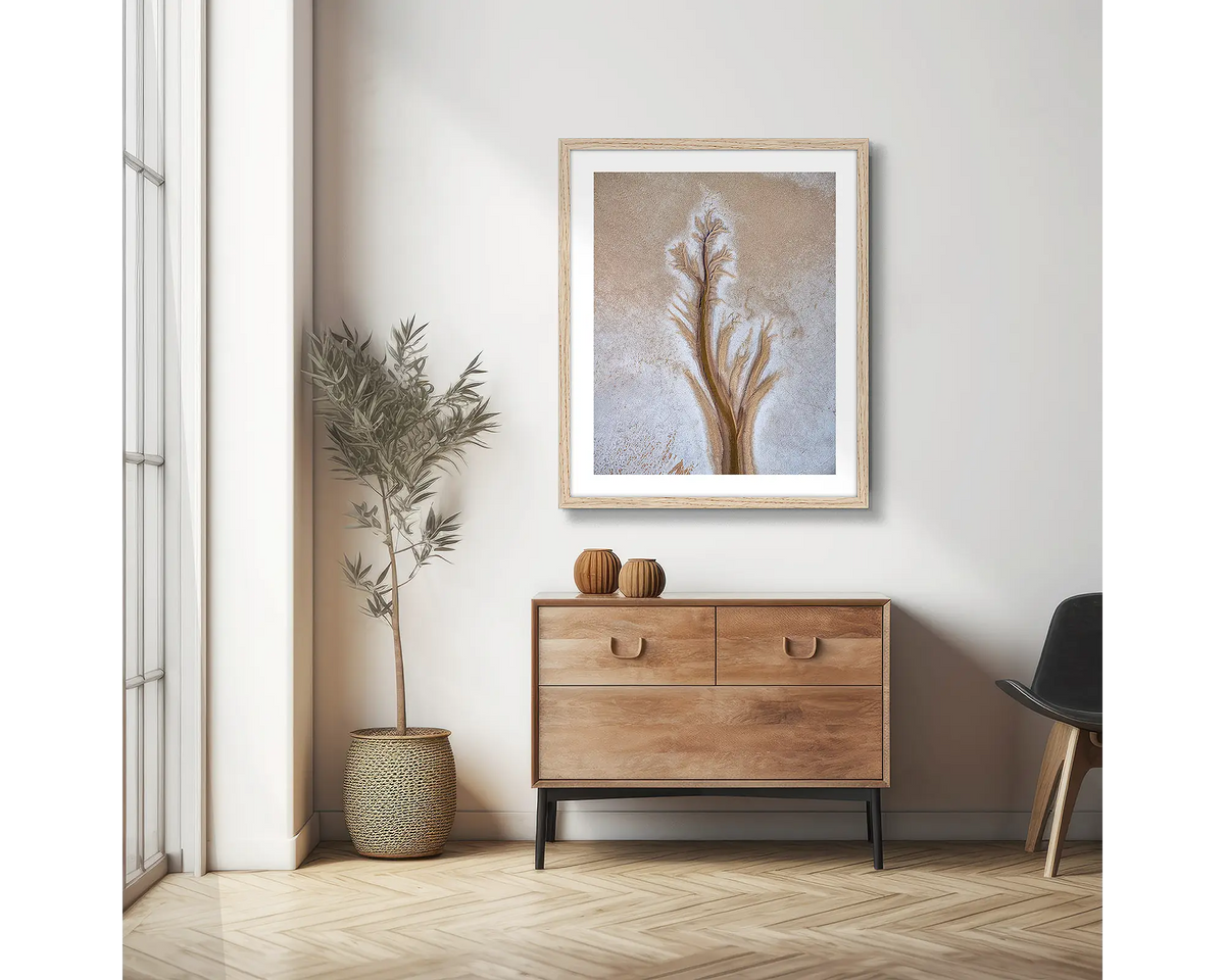 Path. Abstract photographic wall art print with a Tassie Oak frame, hung in a scandi hallway. 