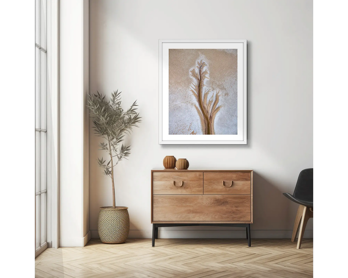 Path. Abstract photographic wall art print with a white frame, hung in a scandi hallway. 