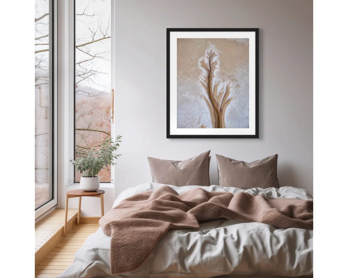 Path. Kimberley abstract photographic wall art print, with a black frame, hung on a scandi bedroom wall.  