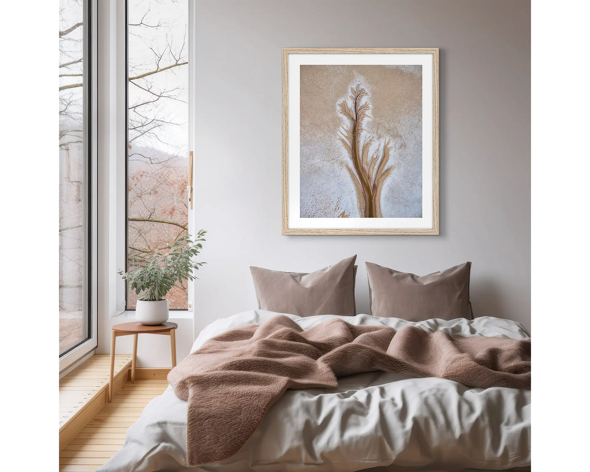 Path. Kimberley abstract photographic wall art print, with a timber frame, hung on a scandi bedroom wall.  