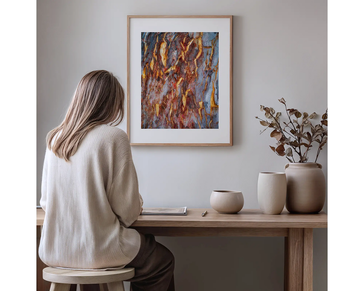 Peeling. Tree bark, abstract photography  artwork, with a timber frame, hung in a study nook. 