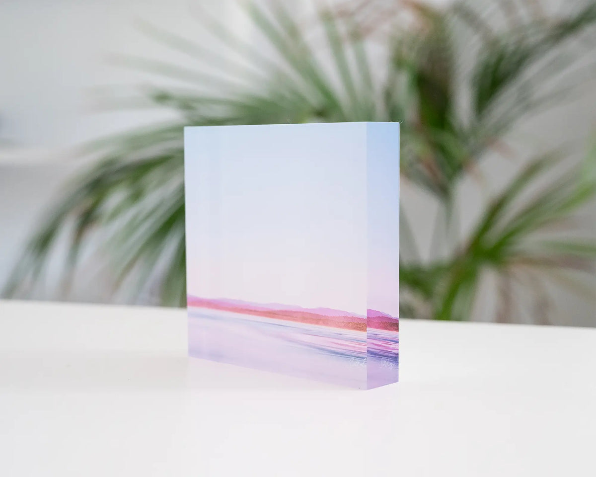 Perspective. Acrylic block of Pambula Beach Merimbula Beach New South Wales, on desk in a coastal home.