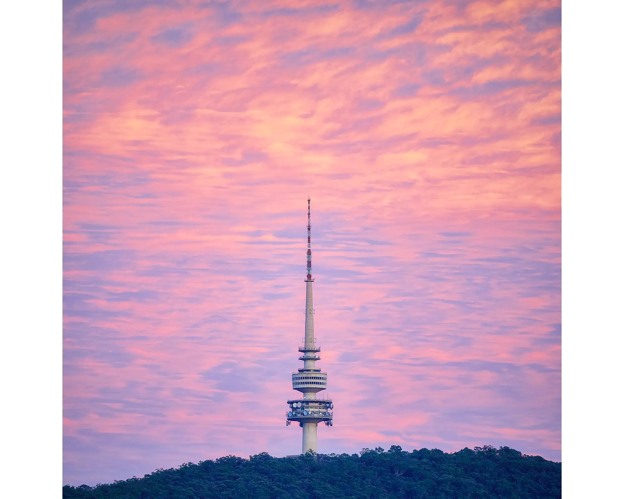 Pink sky at sunrise with Telstra Tower and Black Mountain, Canberra, Australia.